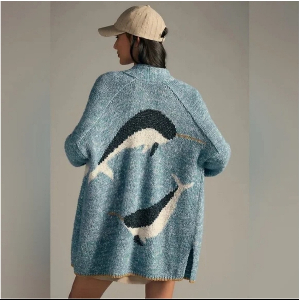 By Anthropologie Narwhal Icon Cardigan Sweater M/L Rare Blue Whale Metallic